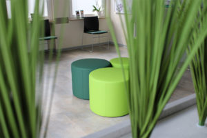 Wartebereich der Tierarztpraxis Dr. Flörke in Hemer mit Besucherstühlen und Hockerelementen in frischen Grüntönen