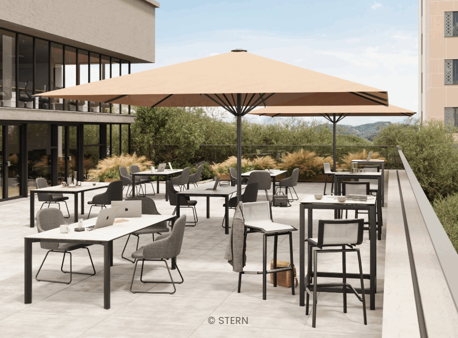 Grafik, die zeigt, wie ein Outdoor-Office mit Möbeln von STERN aussehen kann.