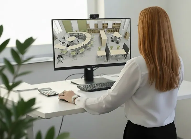 Verena_Grothe_beim_Planen Verena Grothe-Friedrich, Geschäftsführerin von Grothe Büroeinrichtungen GmbH in Hemer plant Räume für eine Grundschule nach dem Churer Modell, KI generiert