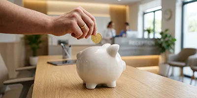 Sparschwein auf dem Tisch einer Arztpraxis